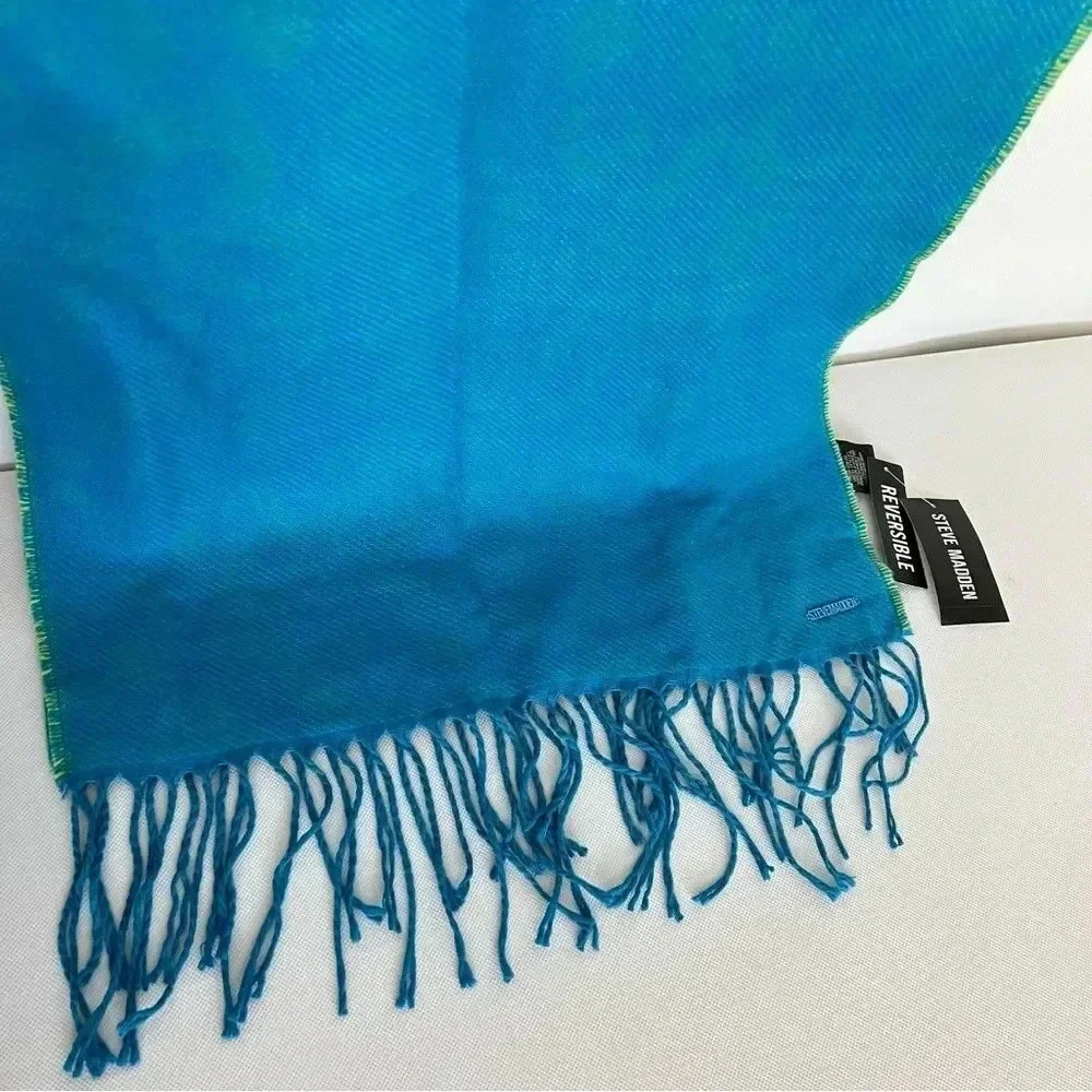 Steve Madden Reversible Leopard Print Scarf Green and Blue With Fringe